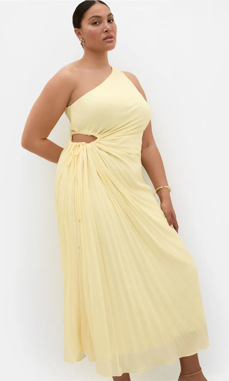 Aliza One Shoulder Pleat Chiffon Maxi Dress - lemon