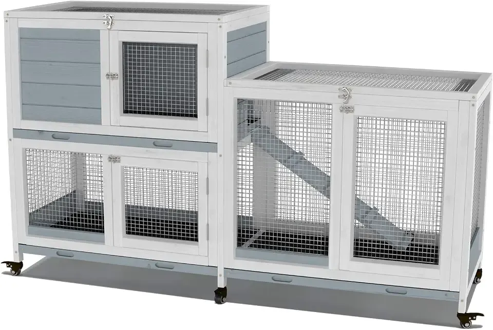 GDLF Two Floors 58" Wooden Indoor Bunny Hutch Rabbit Cage on Wheels Guinea Pig PET House for Small to Medium Animals Waterproof No Leak Tray