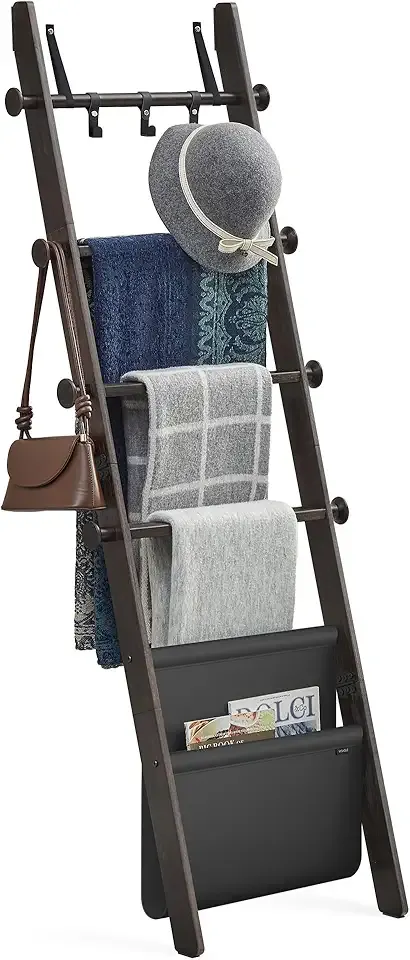 Blanket Ladder for Living Room, 5-Tier Wooden Ladder Shelf, Decorative Farmhouse Blanket Rack with Synthetic Leather Bag, Metal Hooks, Side Hooks, for Bedroom, Ink Black ULLS022B01