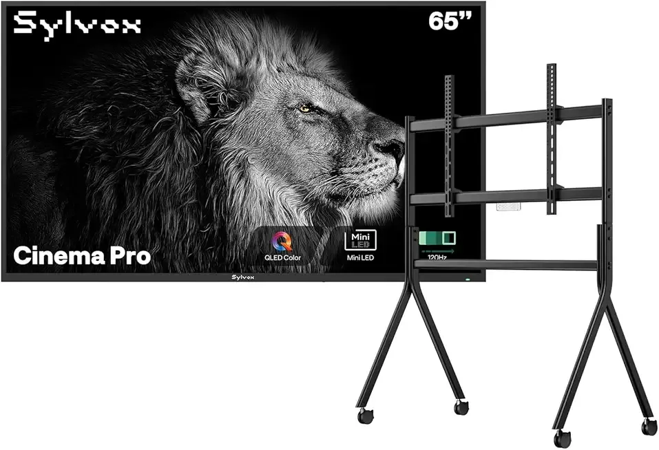 SYLVOX Outdoor TV with Rolling Stand, 65 inch Mini-LED QLED TVs for Outdoor Use, 3500nits Super High Brightness, 120Hz, IP55 Waterproof, Compatible with Google & Dolby Atmos (Cinema Pro/2025)