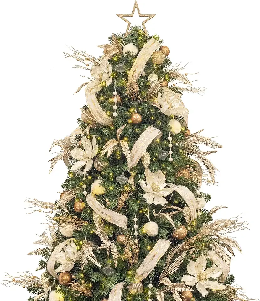 KI Store 6ft Christmas Tree with Ornaments and Lights Champagne All-in-ONE Completed Christmas Tree Decorations Including 6 Feet Full Tree, Ornaments, USB LED String Lights with Remote and Timer