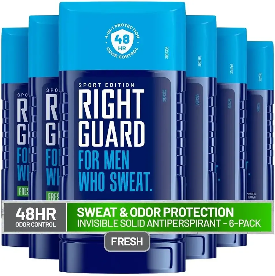 Right Guard Sport Fresh Scent Antiperspirant & Deodorant Invisible Solid - 4-in-1 Deodorant For Men, Blocks Sweat, 48-Hour Odor Protection, Quick-Drying, & Long-Lasting, 2.6 oz (6 Pack)