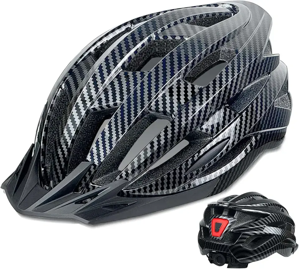 Bike Helmet for Adult Men Women with Multi-Mode Rear LED Light, with Suggested Fit 56-62cm, Lightweight with Adjustable Dial, Side and Chin Strap, Carbon Black Shiny Surface