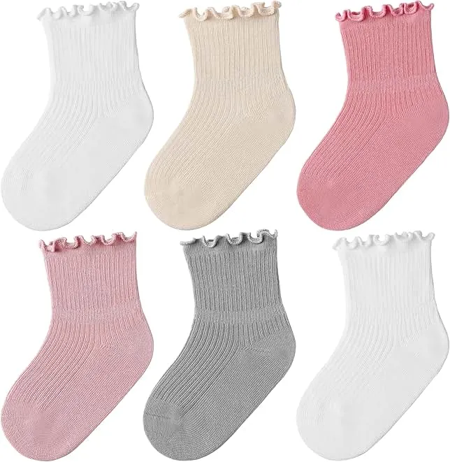 JAKIDAR Toddler Ruffle Socks for Baby Girls - 6 Pairs Soft Cotton Cute Frilly Ankle Socks for Infants Kids Girls