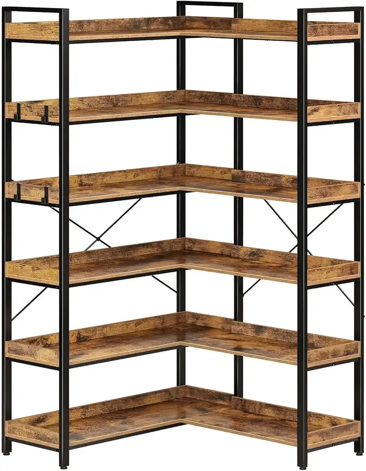 Rolanstar Bookshelf 6 Tier with 4 Hooks, Reversible Corner Bookshelf, 69" Industrial Wooden Bookcase with Open Shelves and Metal Frame for Living Room, Bedroom, Home Office, Rustic Brown