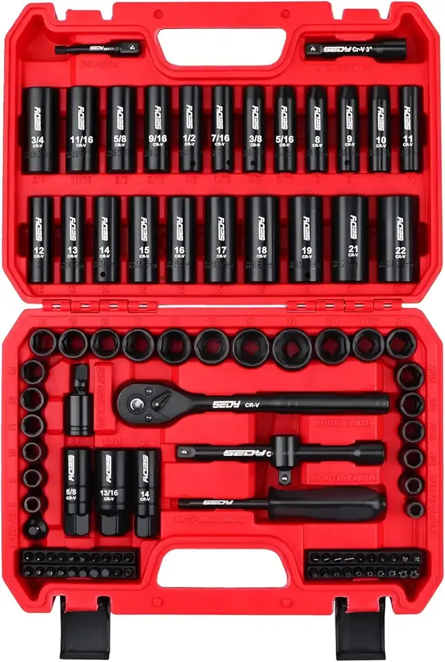 96-Piece 3/8" Drive Impact Socket Wrench and Bit Set, SAE 5/16”-3/4” & Metric 8-22mm, Cr-V Standard & Deep Sockets, Power Bits, Ratchet Handle, Universal Joint, Bit Holder, Adapters, Spark Plug Socket