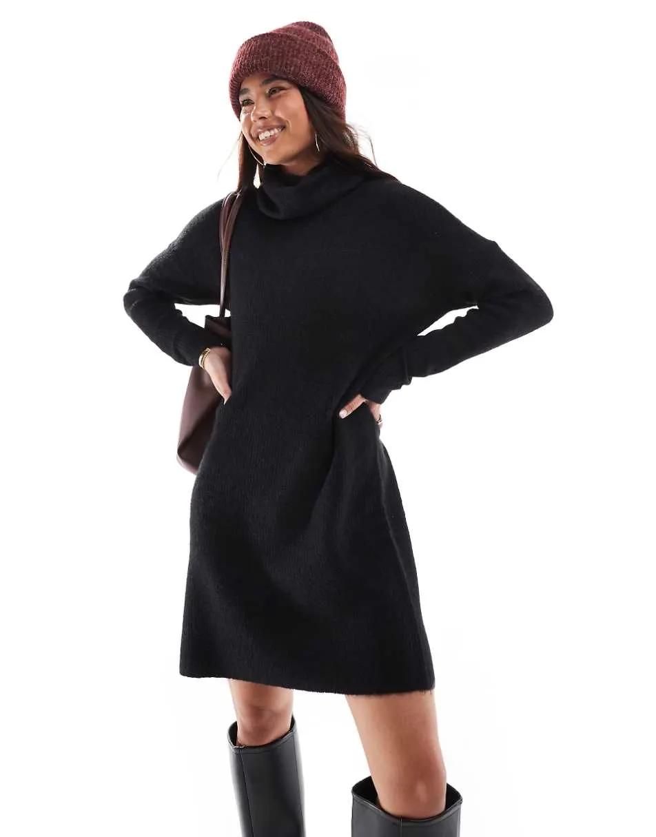 ONLY roll neck knitted mini jumper dress in black