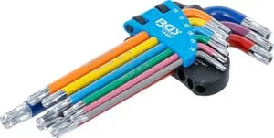 Serie di chiavi ad angolo | multicolore | profilo a T (per Torx) con foro e testa sferica T10 - T50 | 9 pz.