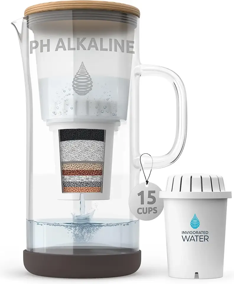 Invigorated Water pH Restore Glass Alkaline Water Pitcher - Long Lasting Water Filter Pitcher with Multi-Stage Filtration System - Glass Water Jug for High pH, Pure Drinking Water - 3.5 L / 118 Oz