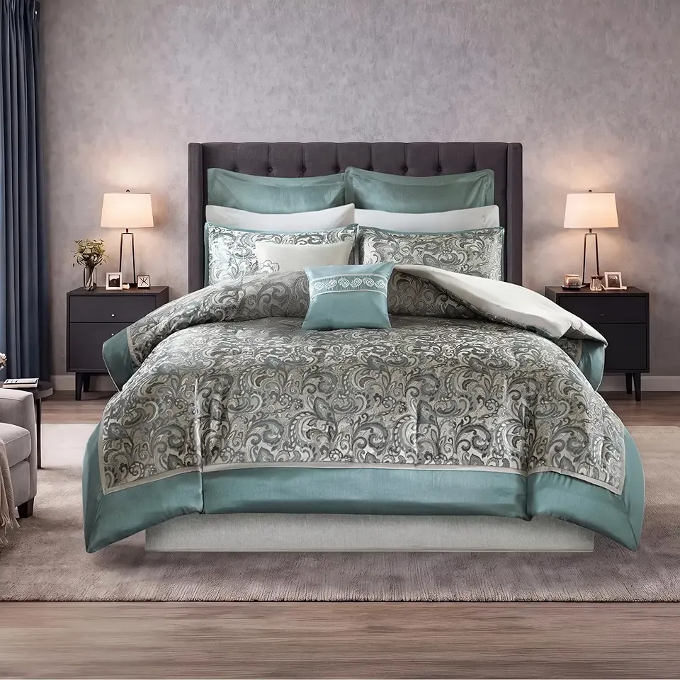 Luxury Jacquard Comforter Set 8-Piece King Size Bedding Set, Elegant Damask Design with Bed Skirt & Decorative Pillows, All Season Comfort, Teal