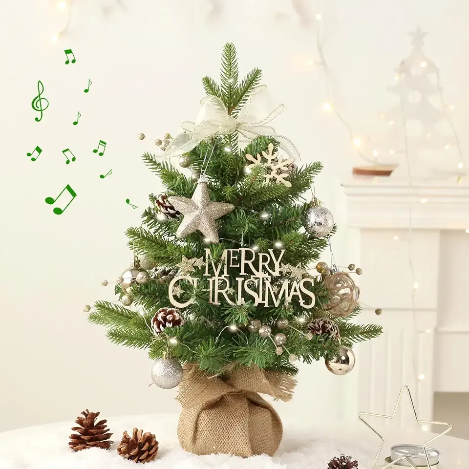 Mini Christmas Tree, Tabletop Small Christma Tree Green Prelit Christmas Tree with Music Artificial Xmas Tree with Xmas Ornaments Christmas Decorations Indoor Outdoor for Home Party