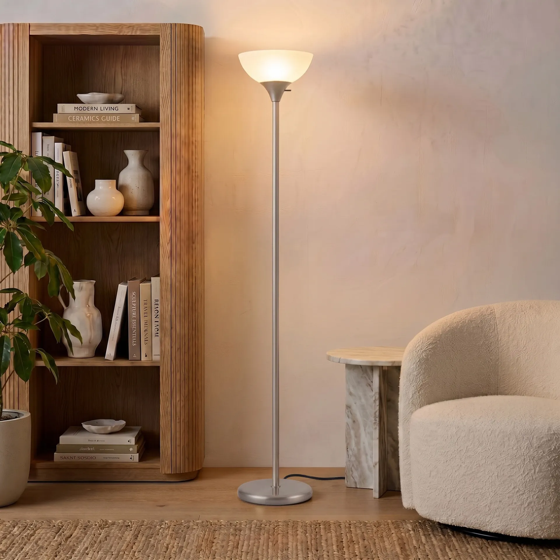 72-in Platinum Silver Torchiere Floor Lamp with Plastic Shade