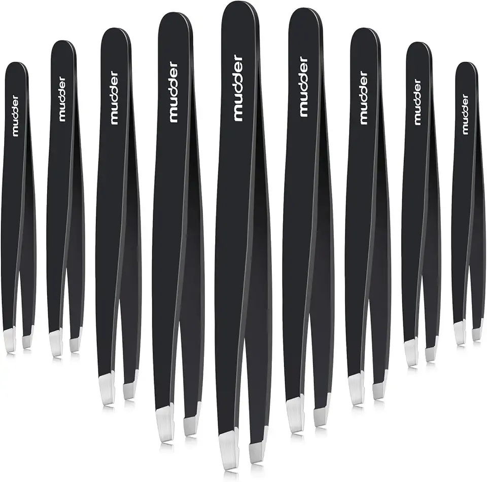 Mudder 12 Pcs Eyebrow Tweezers Set for Facial Hair Stainless Steel Slanted Tip Tweezers in Bulk for Men and Women (Black)