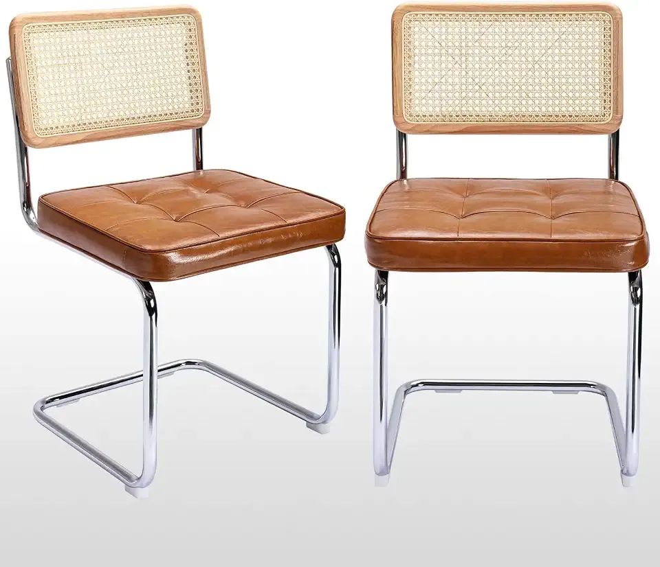Zesthouse Natural Rattan Dining Chairs Set of 2, Modern Cesca Kitchen Chair | Mid Century Modern Dining Chairs with Solid Wood Back & Cane Mesh, Upholstered Faux Leather Chairs with Chrome Base, Brown