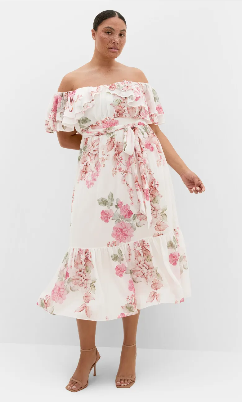 Amelia Floral Print Midi Dress - ivory