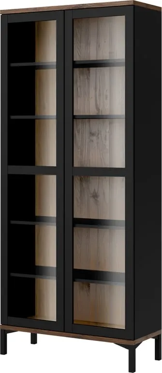 Holstebro vitrineskap 89 x 36, H 203 cm, 2-dørs med glass, svart/valnøtt