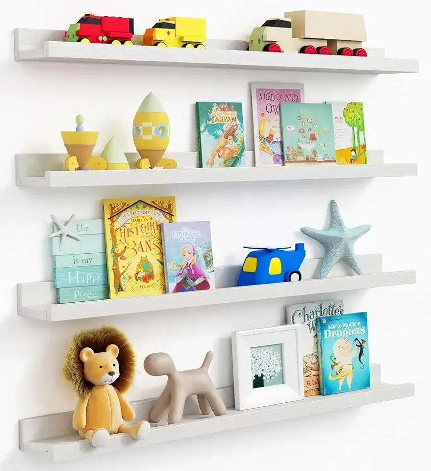 36 Inch Floating Shelves for Wall 4-Pack, Large Nursery Book Shelves Bookshelf for Kids Bedroom, Long Picture Ledge Shelf with Lip for Living Room Photo Frames Art Display (White Solid Wood)