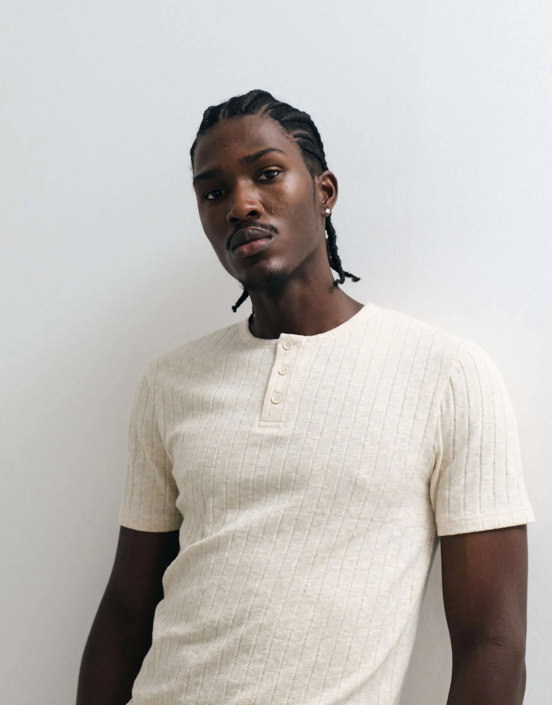 ASOS DESIGN slim fit t-shirt with henley in neutral linen look rib