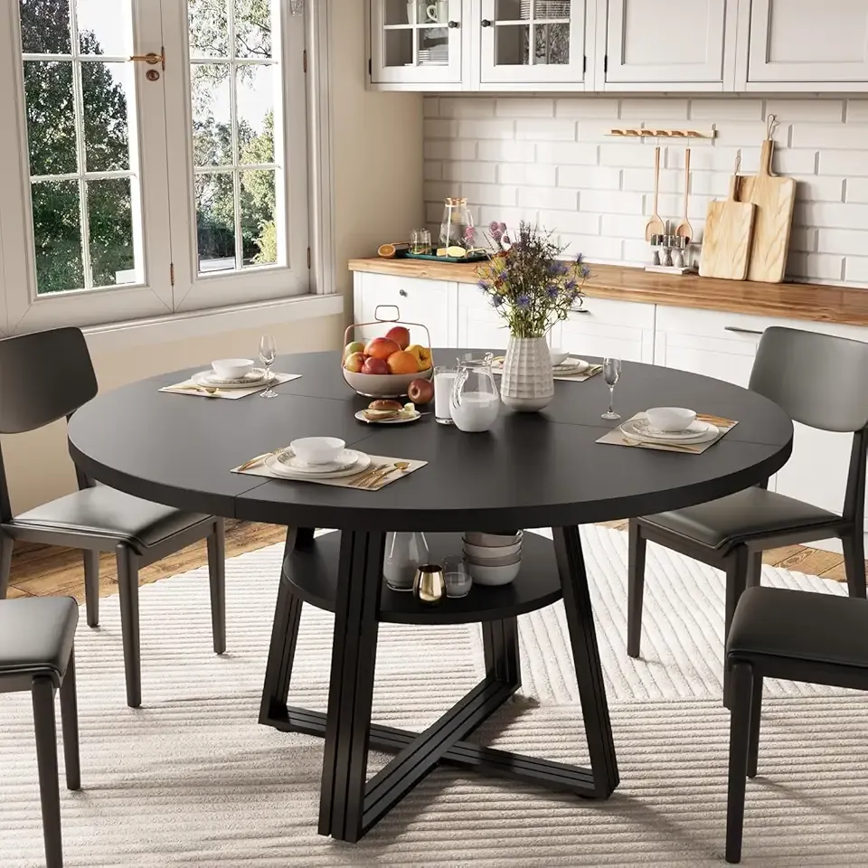 GarveeHome Round Dining Table for 4-6, 47.2 in Farmhouse Kitchen Table with Storage, Circle Dinner Tables for Kitchen, Dining Room, Living Room, Meeting Room, Apartment, Black (Only Table)