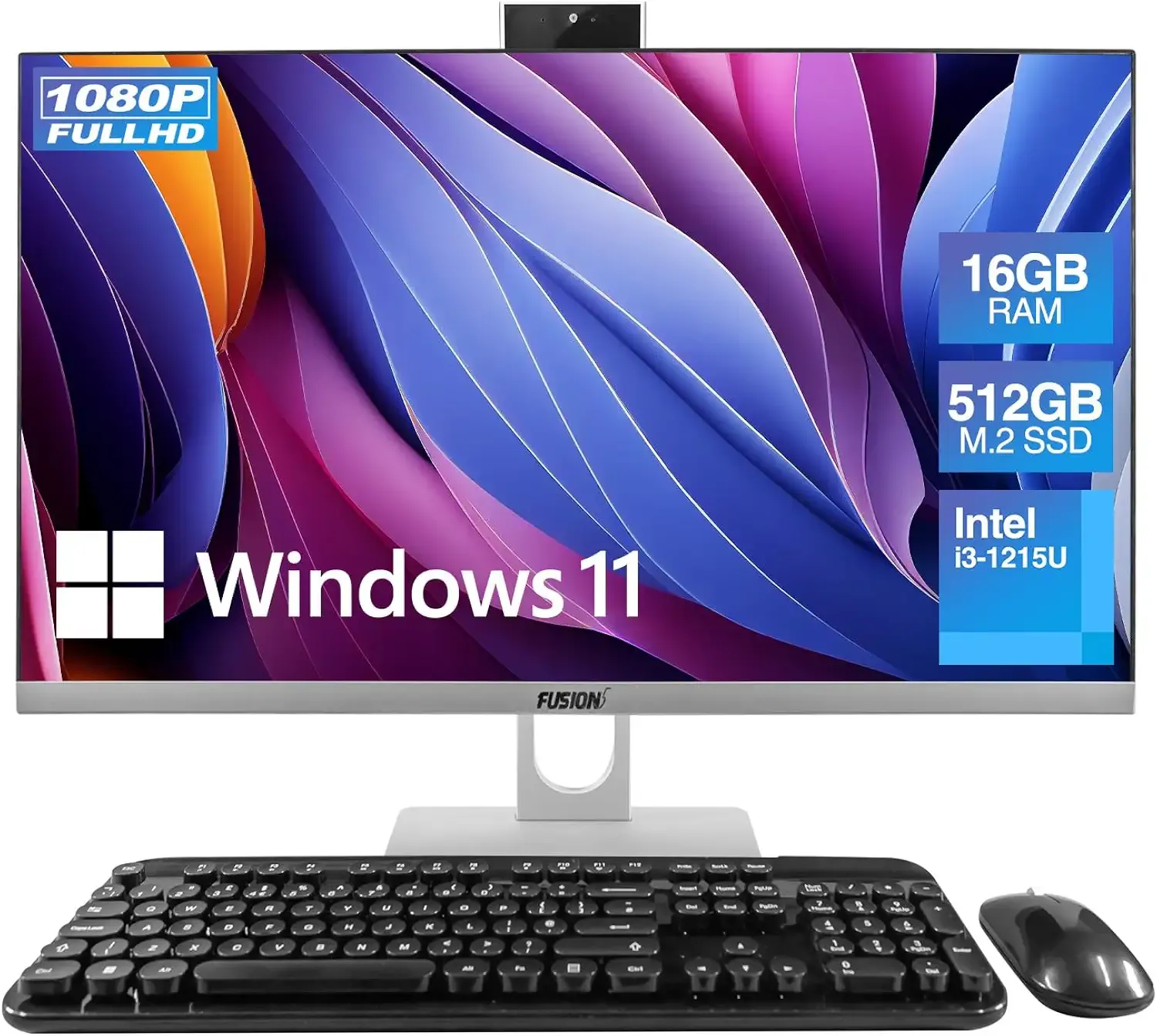 Fusion5 23.8" Full HD All in One PC Desktop Computer - 16GB RAM, 512GB SSD, i3-1215U 6-Core Processor up to 4.40 GHz, Windows 11, HDMI, USB 3.0 - AIO PC with Wireless Keyboard, Mouse, 3MP Web Camera