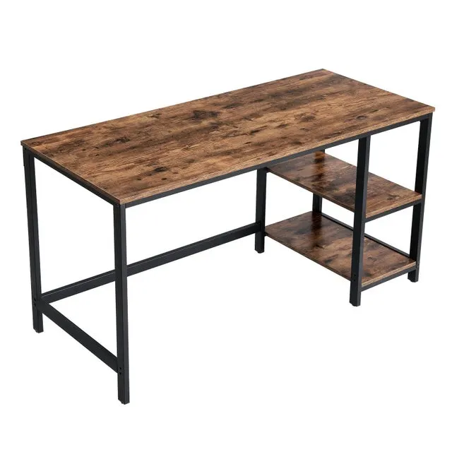 Escritorio industrial con estantes ajustables, mesa de ordenador para oficina o dormitorio, estructura de acero, marrón rústico y negro