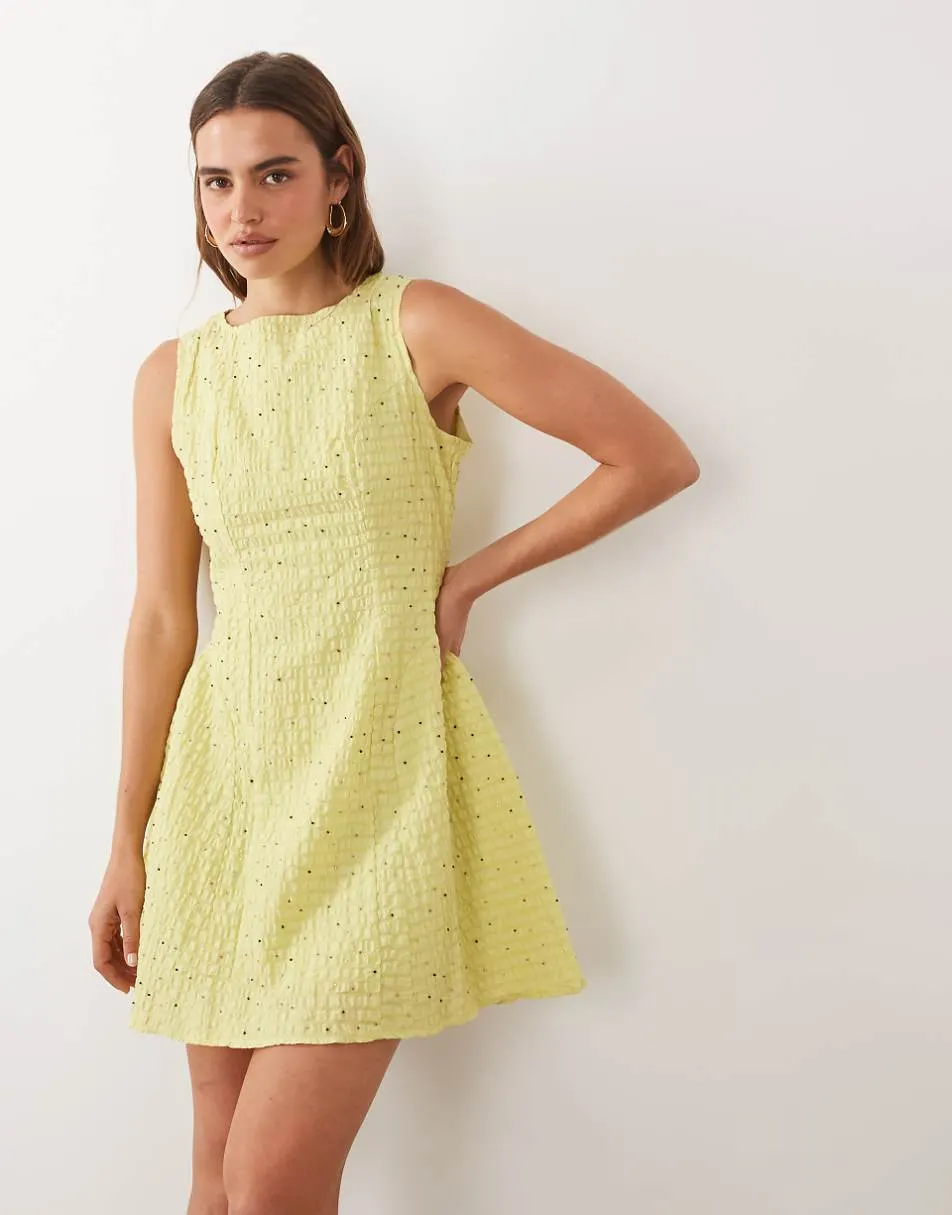 Sister Jane Ronja boat neck sleeveless embellished detail mini dress in light green