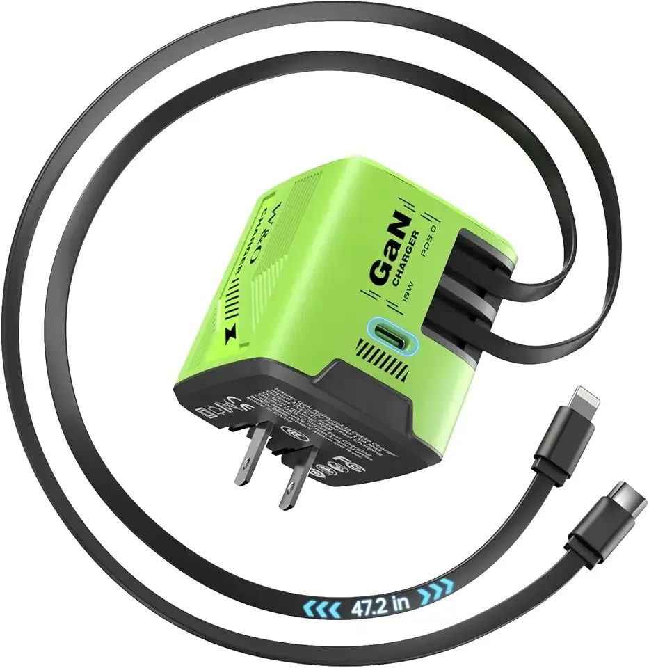 W & O Fast Charger for iPhone17/16/15,60W gan Charger,Retractable Phone Charger Wall Plug with Lightening and Type-C Cables,for iPhone Series, Galaxy S25/24,Android and More（Green）