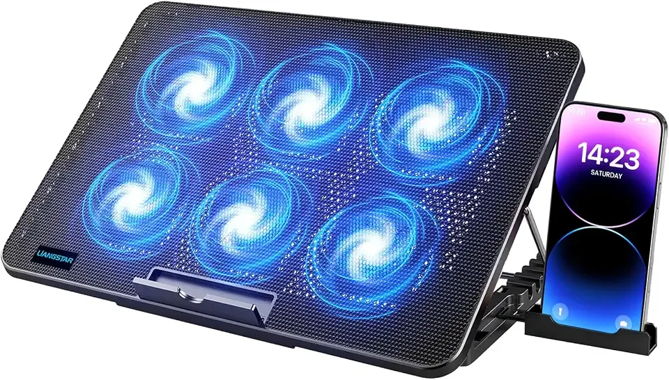 LIANGSTAR Laptop Cooling Pad, Laptop Cooler with 6 Quiet Fans for 12-17 Inch Notebook Gaming Fan Stable Stand, 7 Height & Wind Speed Adjustable, 2 USB Port & Phone Holder (Black)