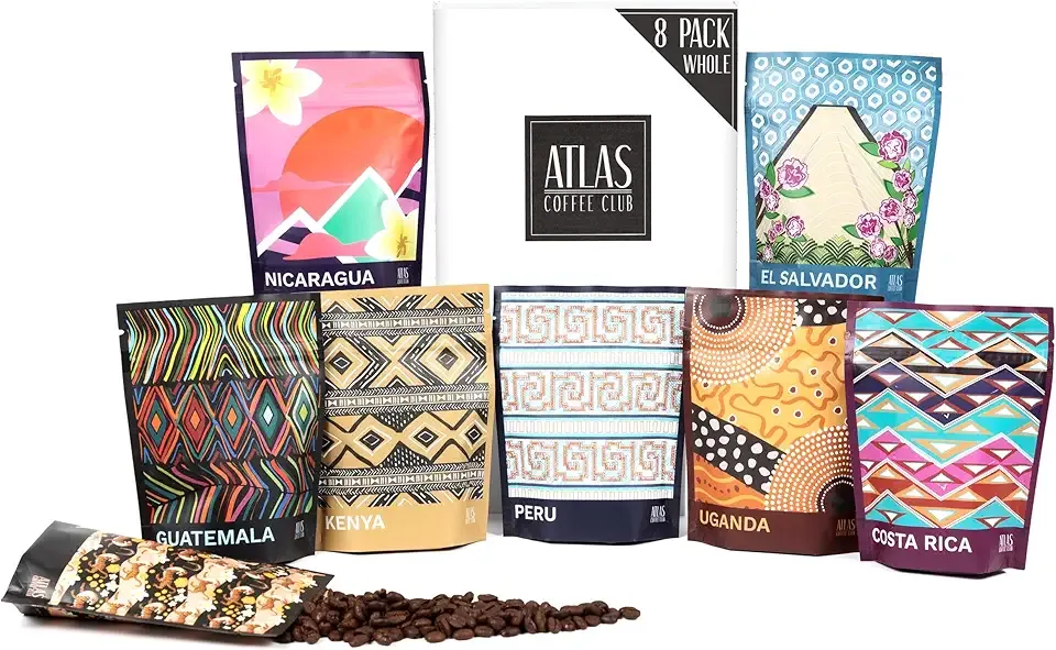 Atlas Coffee Club World of Coffee Discovery Set - Gourmet Coffee Gift Sampler - 8-Pack Variety Box of the World’s Best Single Origin Coffees - Whole Bean