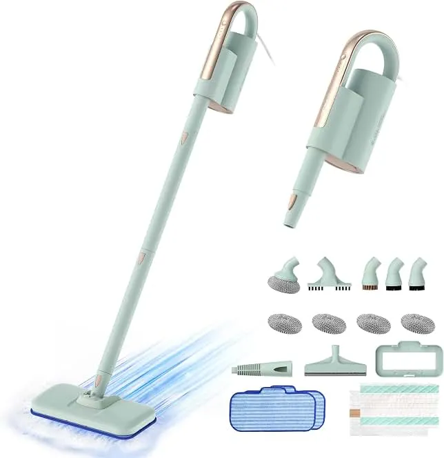 Newbealer Steam Mop & Detachable Handheld Cleaner, 1200W Floor Steamer | 3 Adjustable Levels for Carpet Laminate Hardwood Grout, Carpet Glider, 11 Multi-purpose Accessories & 2 Pads, 250ml Tank