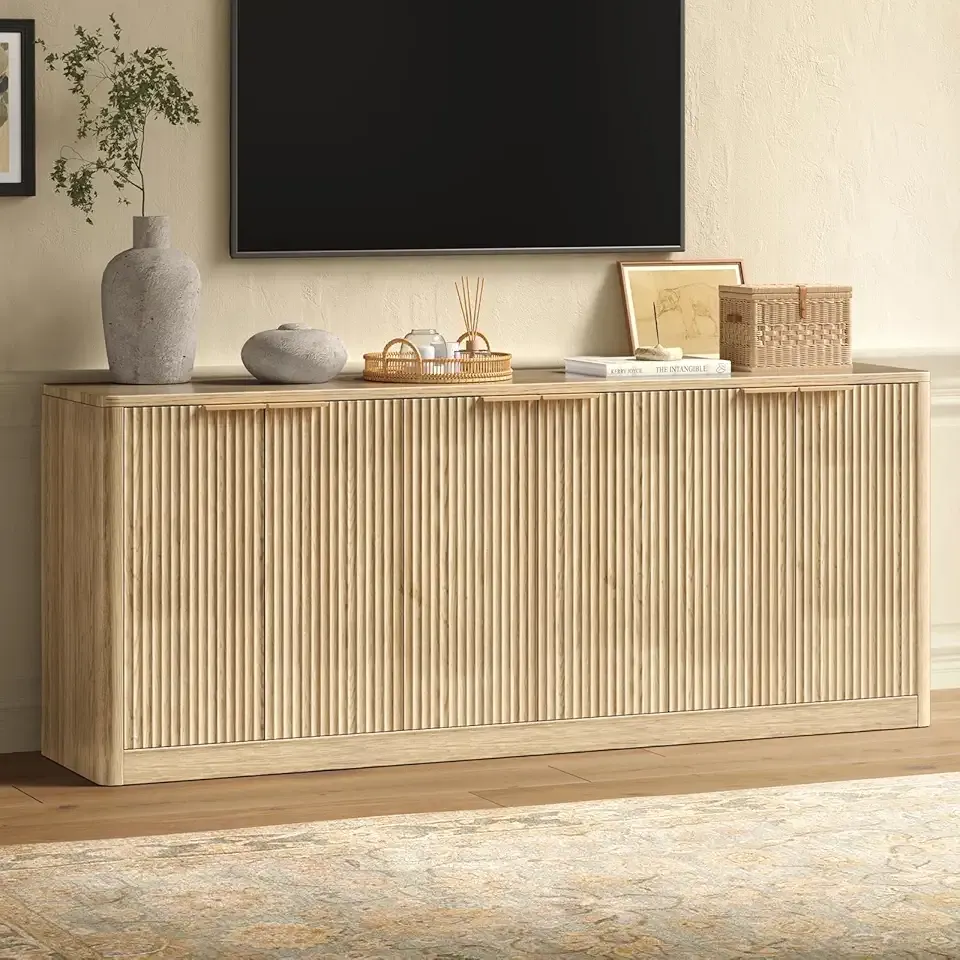 Evermagin 67" Oak Fluted TV Stand for TVs up tp 75", Mid-Century Modern Entertainment Center with Storage Cabinets and Fluted Doors, Wood Media TV Consoles for Living Room and Bedroom Furniture