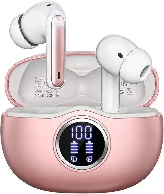 Wireless Earbuds, Bluetooth 5.3 Headphones HiFi Stereo 50H Playback LED Digital Display Ear Buds with ENC Noise Canceling Headset, IPX7 Waterproof Earphones for Gym/Running/Work（Rose Gold）