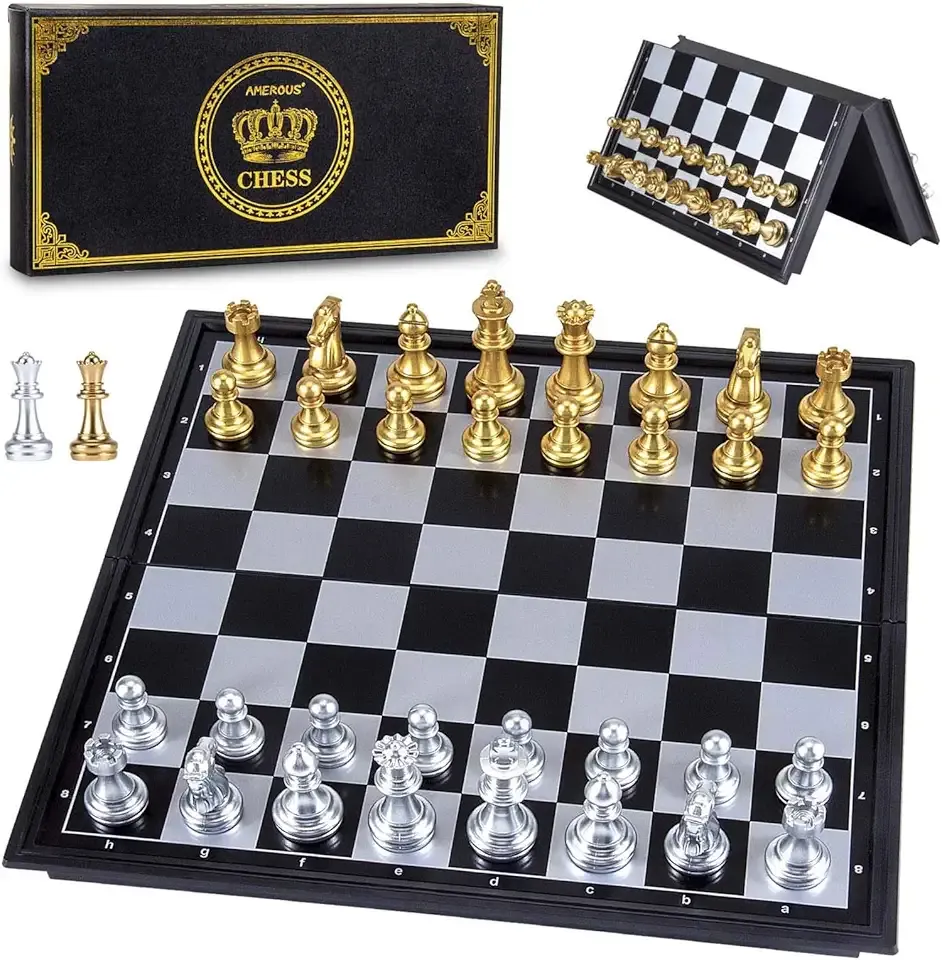 AMEROUS 10'' Magetic Travel Chess Set, Plastic Portable Folding Chess Board Game with Gold and Silver Chess Pieces - 2 Extra Queens - Chess for Beginner, Kids, Adults