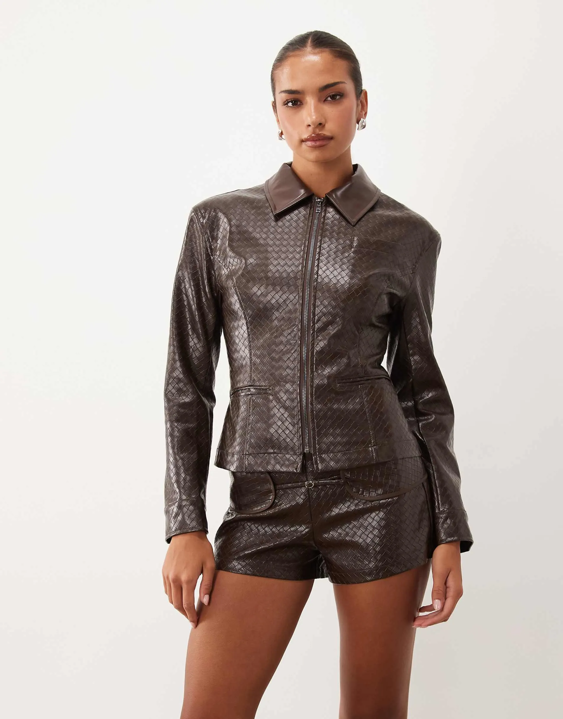 Lioness Soho woven faux leather collar detail fitted jacket co-ord in chocolate