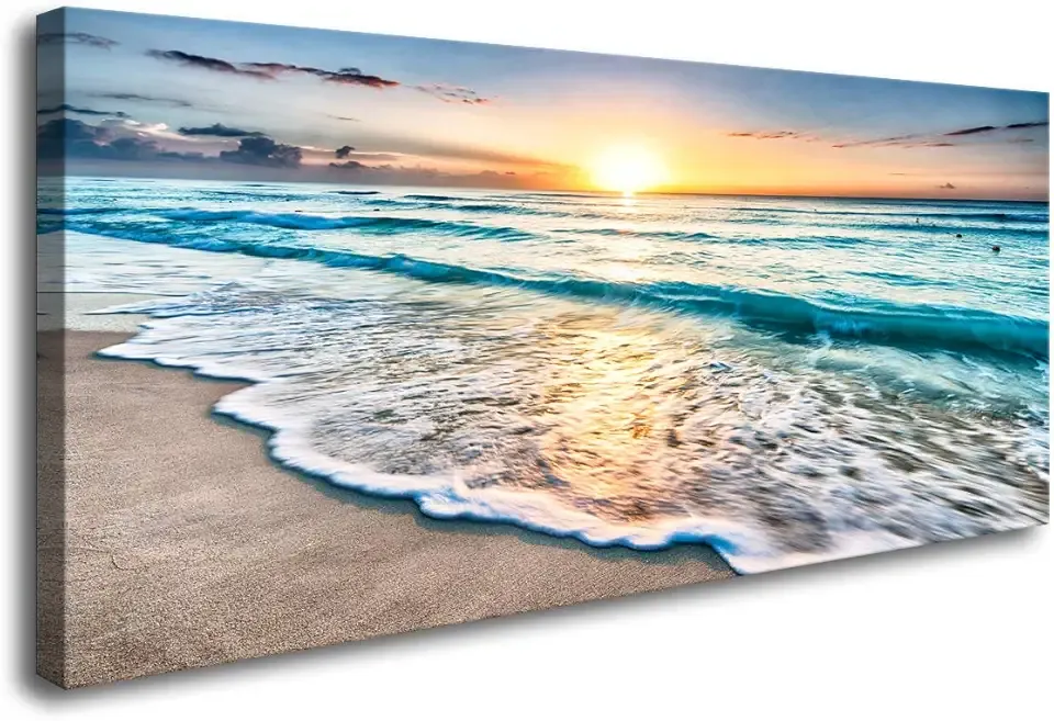 Baisuart S02250 Canvas Prints Wall Art Beach Sunset Ocean Waves Nature Pictures Stretched Canvas Wooden Framed for living Room Bedroom and Office