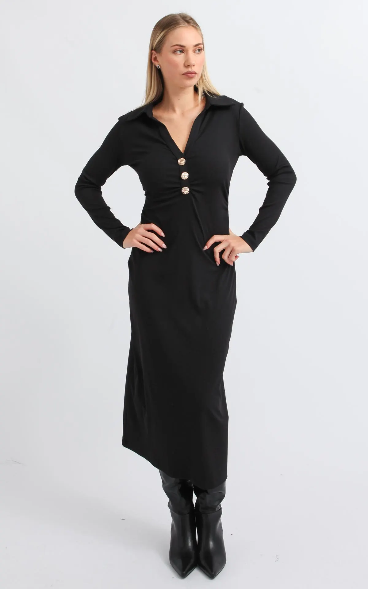 Button Detail Collared Midi Dress