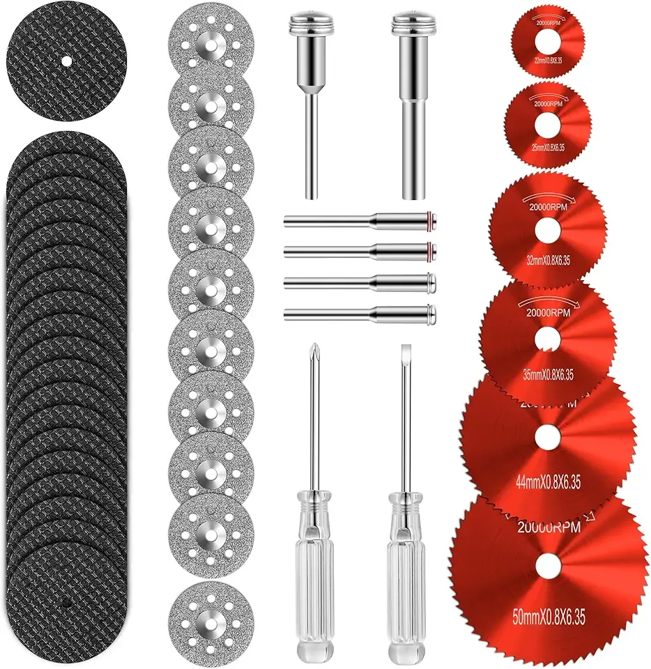 44pcs Red Cutting Wheel Set Compatible with Plastic for Rotary Tool, HSS Circular Saw Blades 6pcs, Resin Cutting Discs 20pcs, 545 Diamond Cutting Wheels 10pcs
