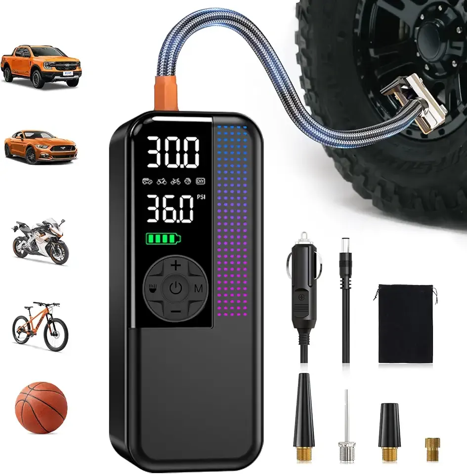 Tire Inflator Portable Air Compressor, 150 PSI Cordless Air Pump, Dual Power 6000mAh, 12V DC Car Plug, Fast Inflation 24L/Min, Auto Shut-Off, LED Light, 4 Preset Modes for Car, Bike, Motorcycle, Balls