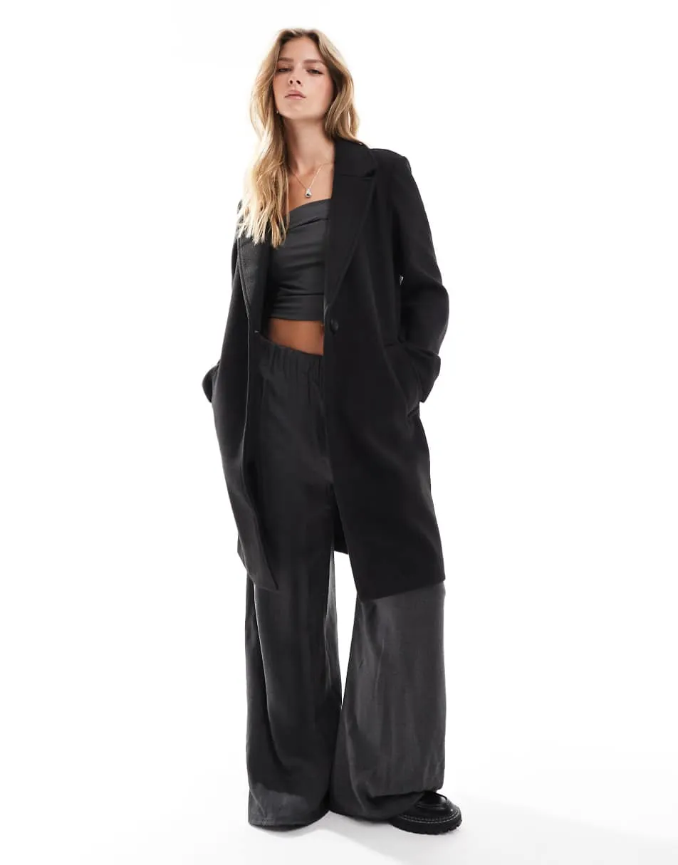 Stradivarius soft touch button through midi coat in black