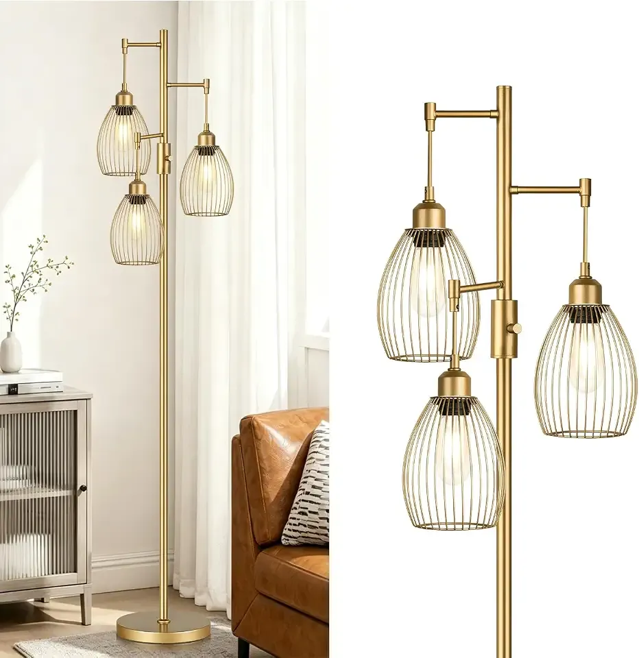Dimmable Floor Lamp, Industrial Floor Lamps for Living Room, Gold Tree Lamp Standing Lamp Tall Lamps with 3 Elegant Teardrop Cage Head & 800 Lumens LED Bulbs for Living room Bedroom Office Dining Room