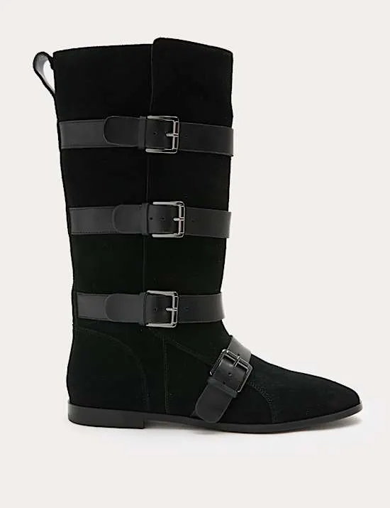 Suede Buckle Strap Mid Calf Flat Boots