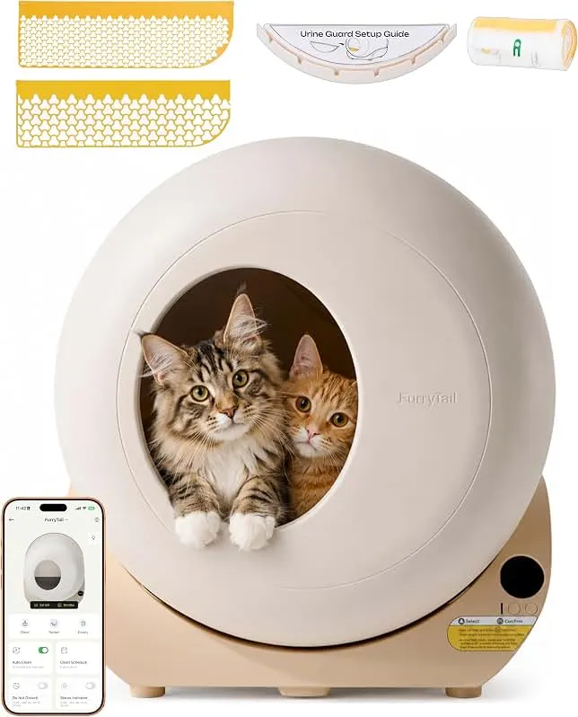 Furrytail Automatic Litter Box Self Cleaning with Night Light, Cream | Smart Safety Sensors, Advanced Odor & Leak Control, Large Capacity for Multi Cat Homes, with App Control & 40 Trash Bags