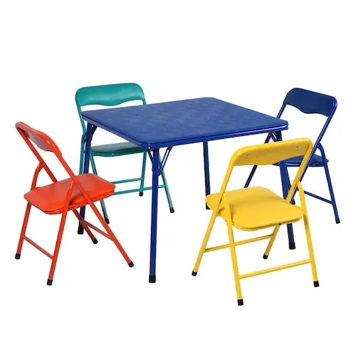 Homy Casa 5-Piece Kids Folding Table and Chair Set – Multicolor Chairs with Blue Table, Ideal for Daycare and Classrooms