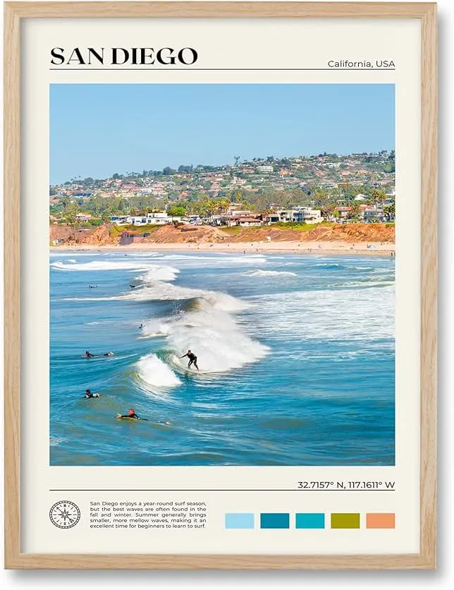 HesenDot Natural OAK Wood San Diego Surfing Framed Wall Art,12x16in Natural Seascape Canvas Wall Print,Classic Urban Landmark…