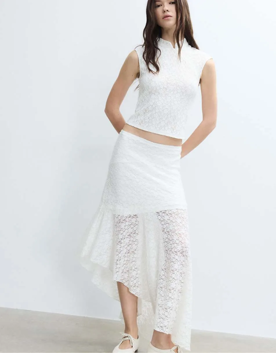 Stradivarius Asymmetric lace midi skirt in ecru