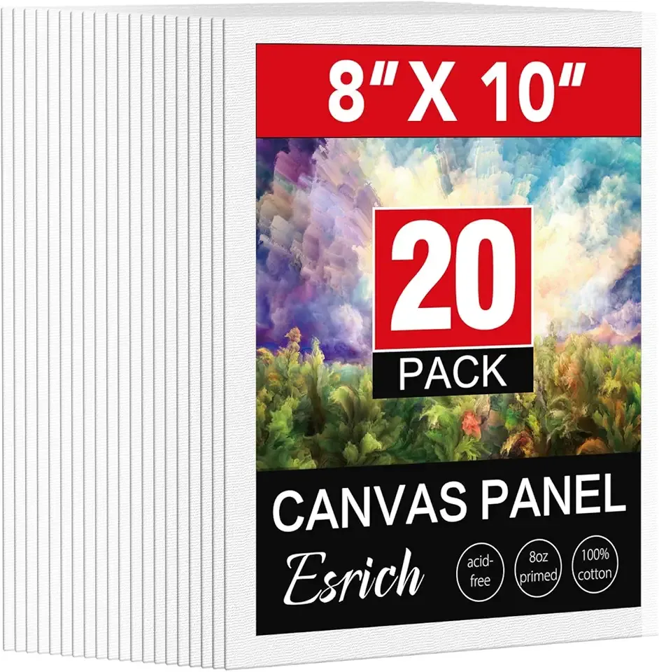 ESRICH Canvas Boards for Painting, 20 Pack Canvases for Painting 8x10 Cotton Primed Acid Free Blank Canvas Panels for Oil Paint, Watercolor, Acrylic Paint, Gouache and Tempera.
