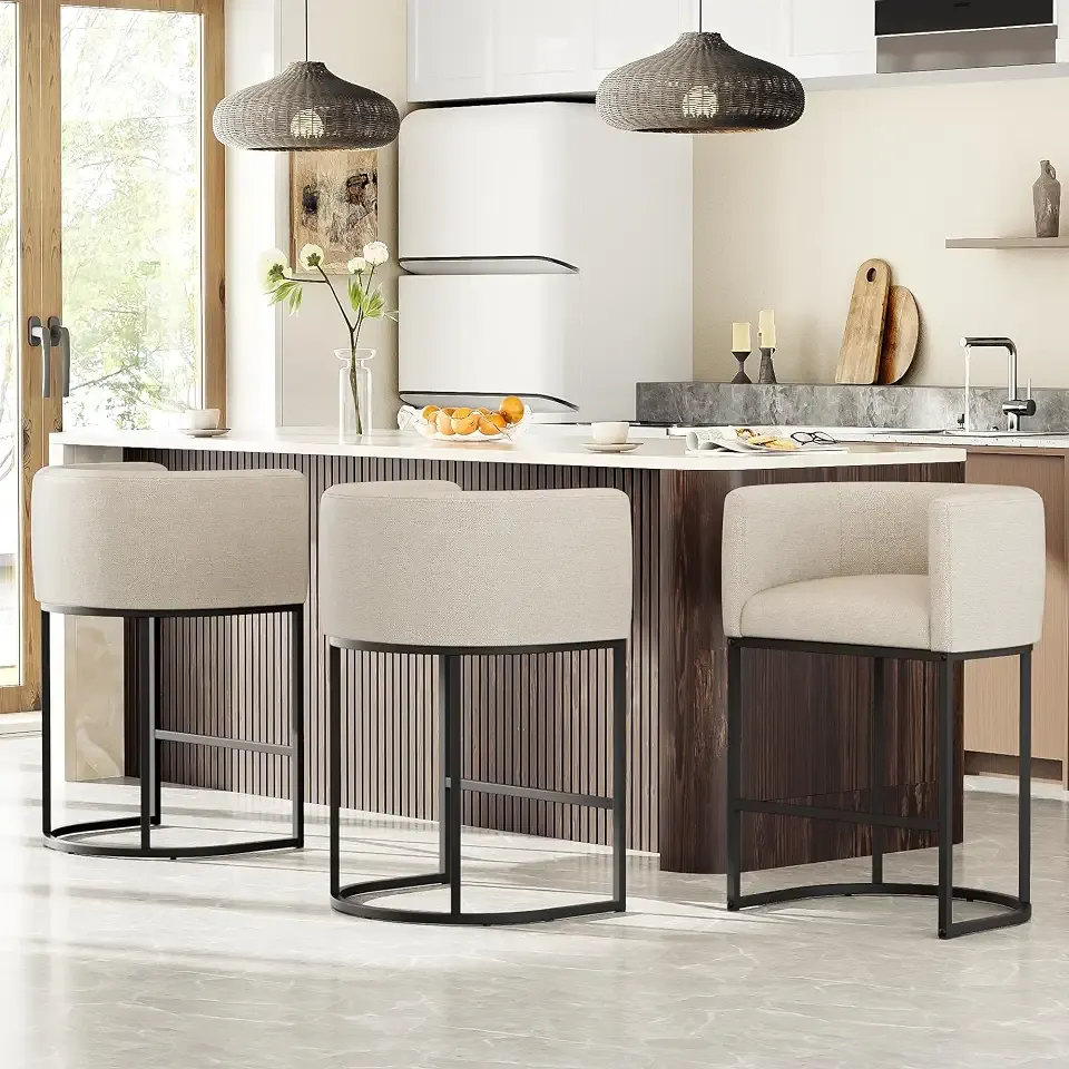 26" H Counter Height Bar Stools Set of 3, Modern Barrel Counter Stools with Backrest and Arms, Linen Fabric Upholstered Accent Barstools for Kitchen Island, Support 450 LBS, Beige