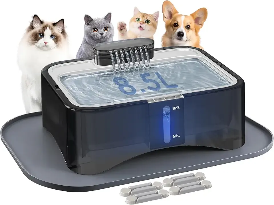 UPSKY Cat Water Fountain, 2.25Gal/8.5L Large Capacity Pet Water Dispenser, Ultra Quiet 304 Stainless Steel Drinking Tray for Large Cats, Dogs & Multi-Pet Indoor Use, Anti-Clog Pump with 4 Filters