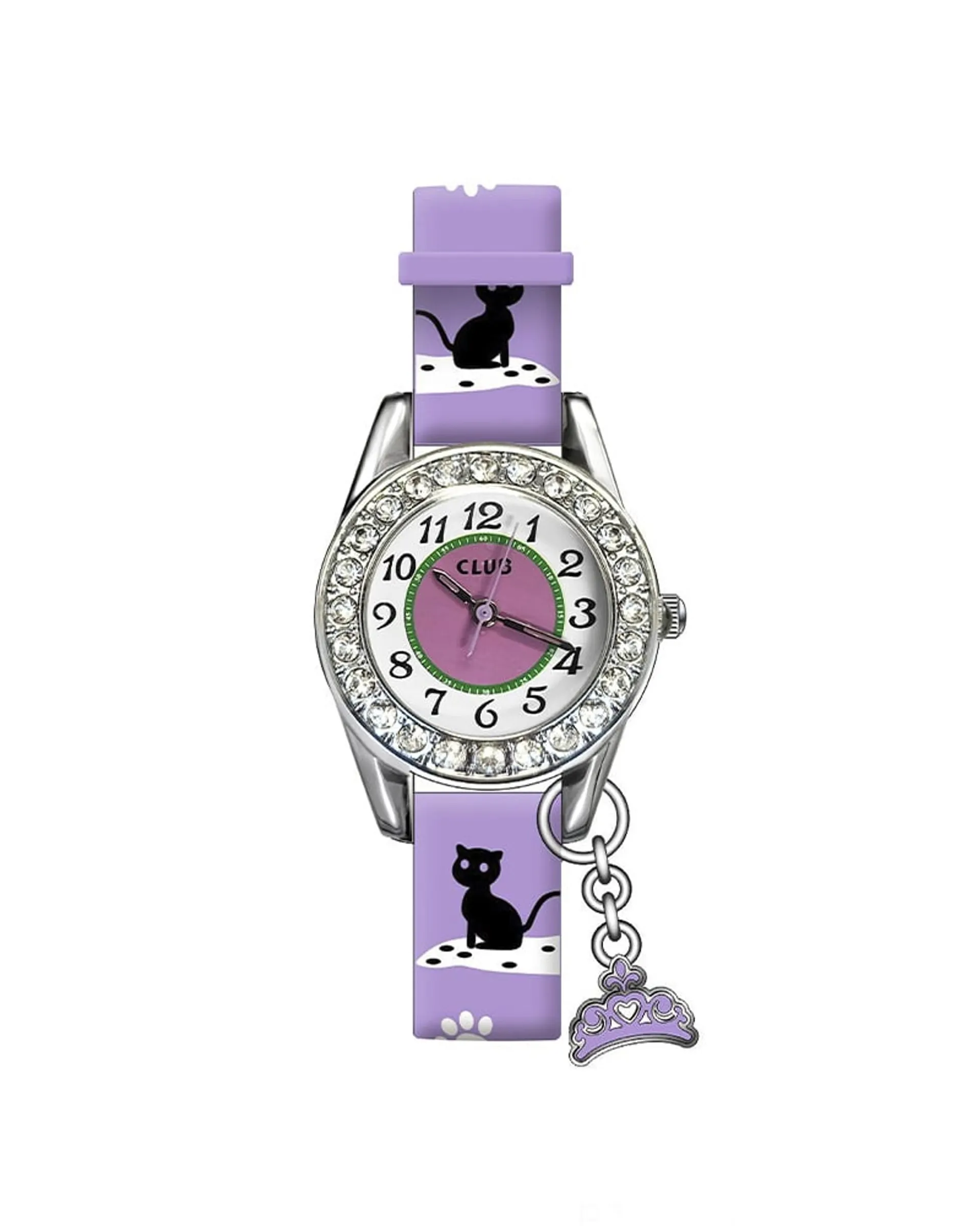 Katt Charms barneklokke med lilla rem (28mm)
