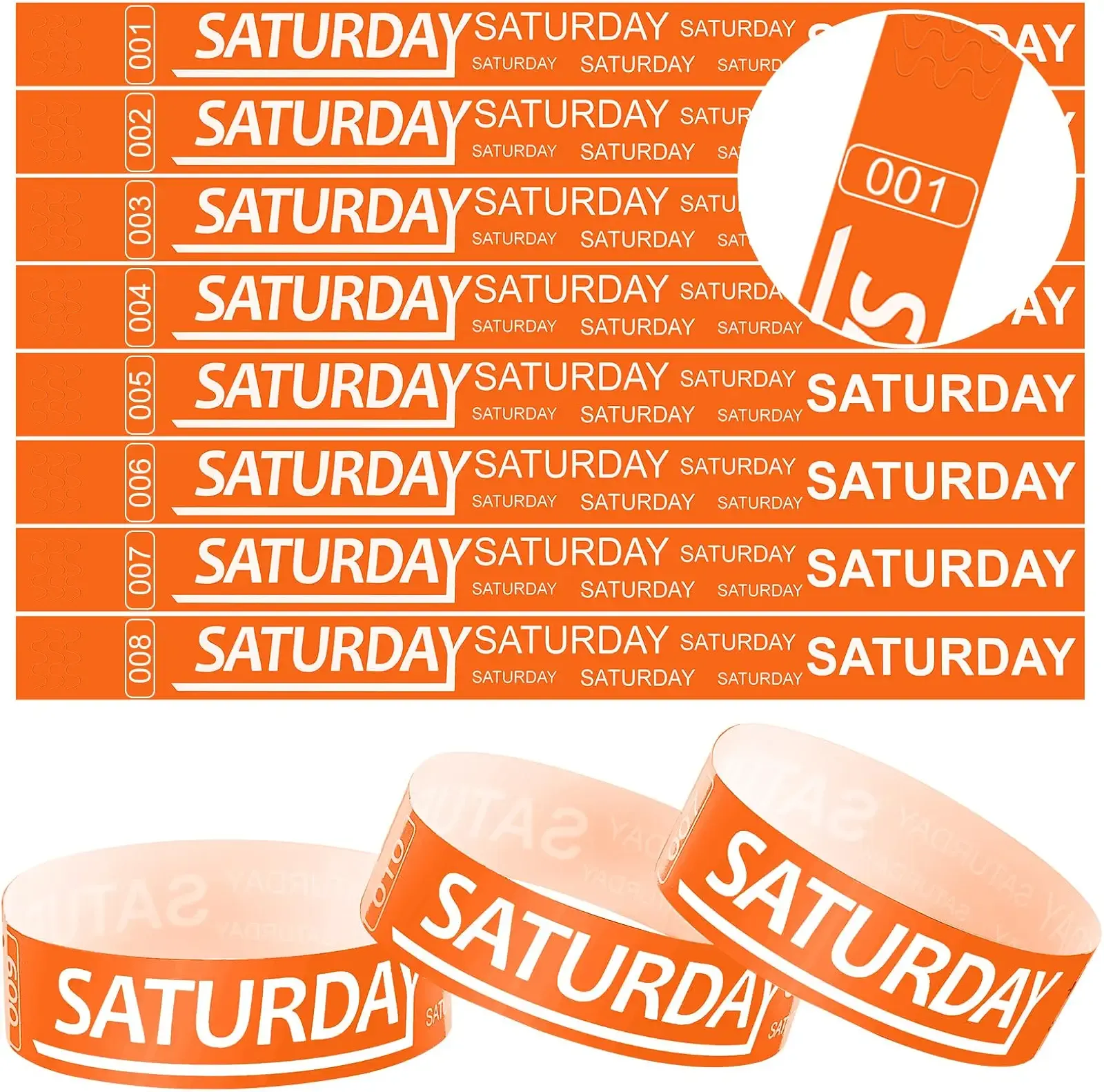 Henoyso 600 Pcs Saturday Paper Wristbands Event Admission Paper Bracelets Numbered Waterproof Party Armbands for Events Day of the Week(Orange)